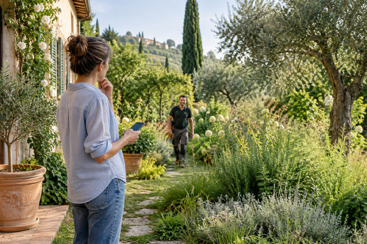 Cliente nel proprio giardino mentre arriva un professionista
